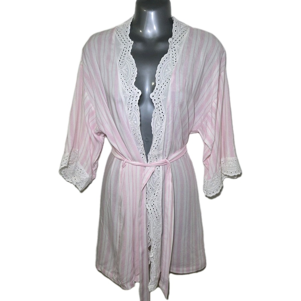 In Bloom by Jonquil‎ Pink White Striped Lace Trim Kimono Robe Cover Up